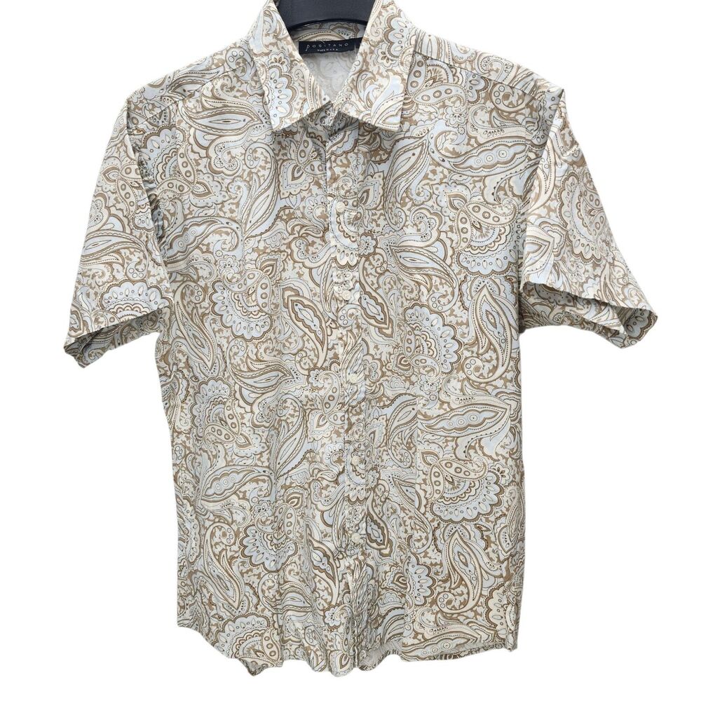 Positano Button Up Shirt Mens Large Blue Tan Paisley Refined Preppy  Retro 90s